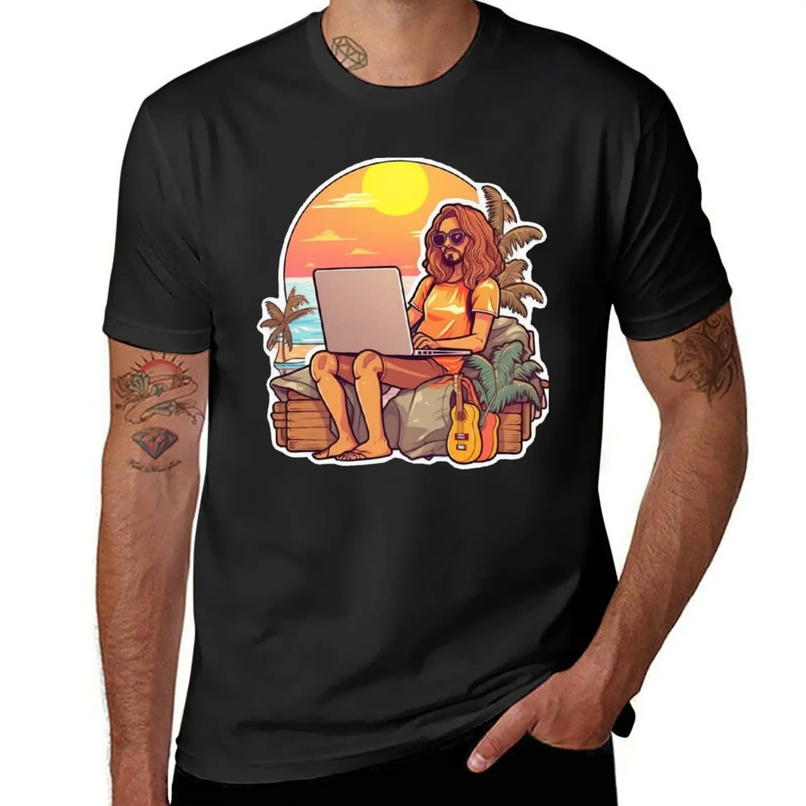 Футболка мужская с графическим принтом цифровой кочевой человек работает на