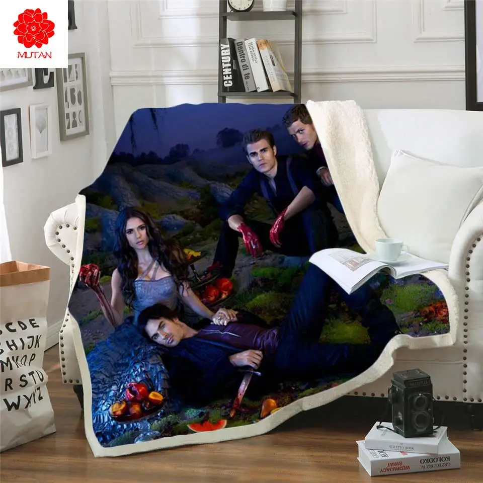 

Дневники вампира, Флисовое одеяло с 3d принтом для кровати, для походов, пикника, толстое одеяло, покрывало, покрывало, одеяло в стиле Sherpa-8