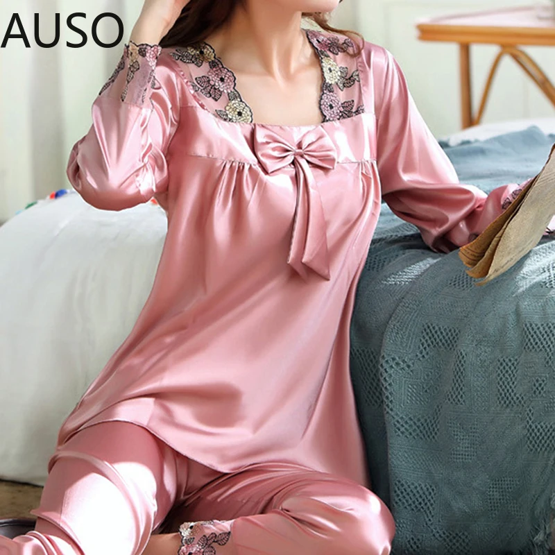 

2 Piece Autumn Women Sleepwear Faux Silk Satin Pajamas Set Long Sleeve Sleepwear Pajamas Suit Female Homewear