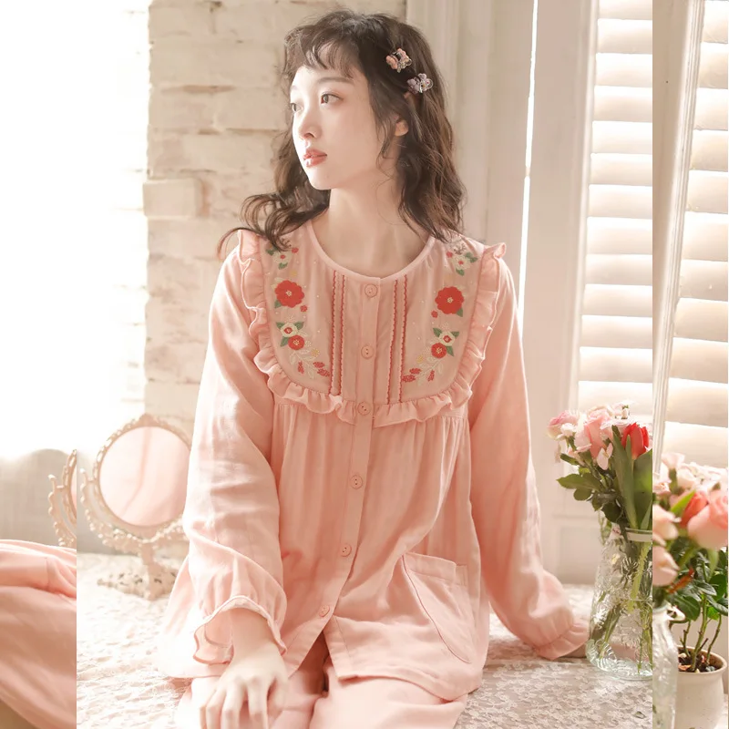 Pajamas 2023 New Spring Summer Sleepwear Cute Embroidered Long Sleeve Pants Pyjamas Women's Cotton Yarn Home Clothes Loungewear