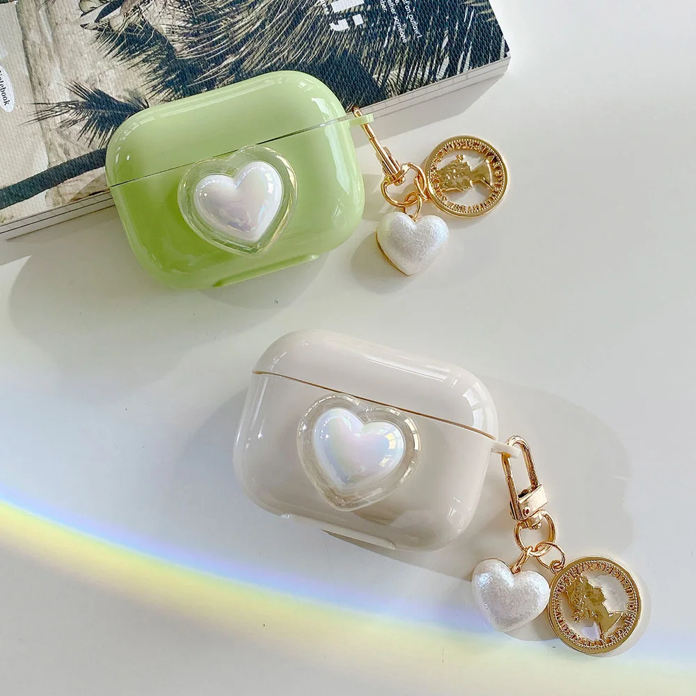 

Retro Love Heart Pendant Keyring Laser Silicone Cases For Apple Airpods 1/2/PRO/3 Earphone Cover For Air Pods 2 3rd Box Buckle