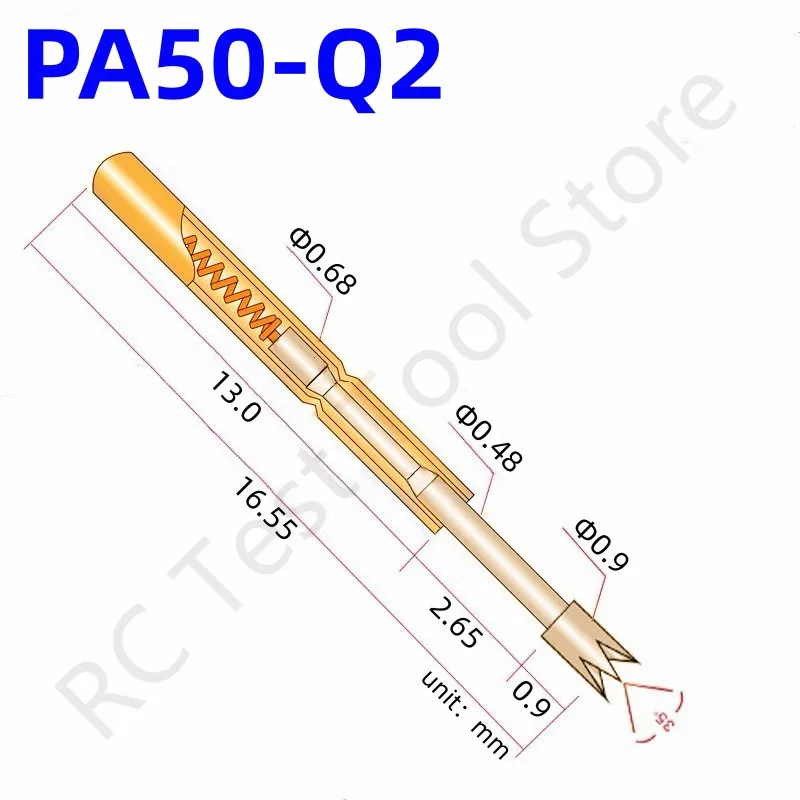 

100PCS PA50-Q2 Spring Test Probe PA50-Q Test Pin Test Tool 16.55mm Dia0.68mm Gold Needle Tip Dia 0.9mm Pogo Pin P50-Q P50-Q2