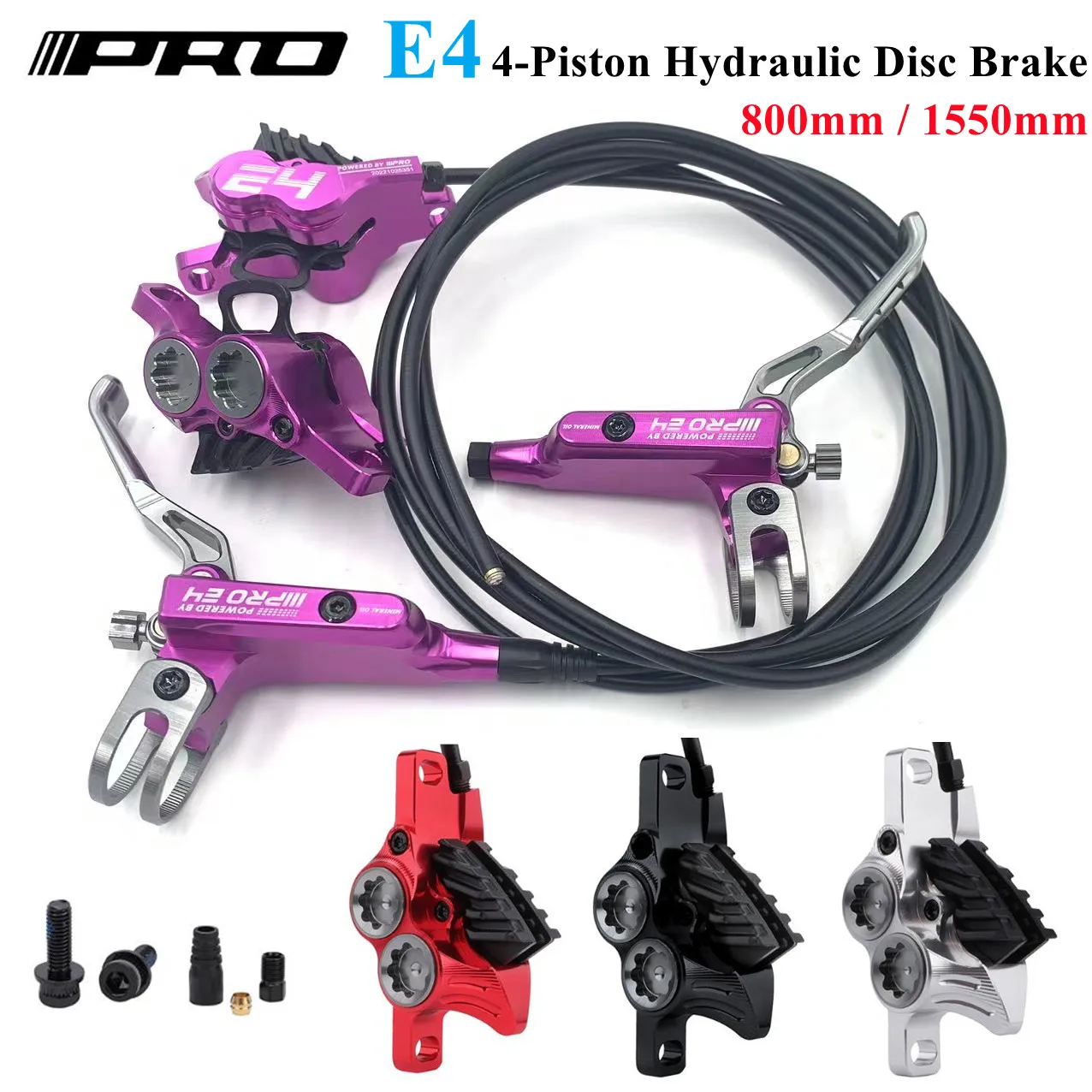 IIIPRO E4 Bicycle Hydraulic Disc Brake 4 Piston MTB Brake Caliper Mountain Bike Brake Oil Pressure 800/1550mm Front Rear Brake