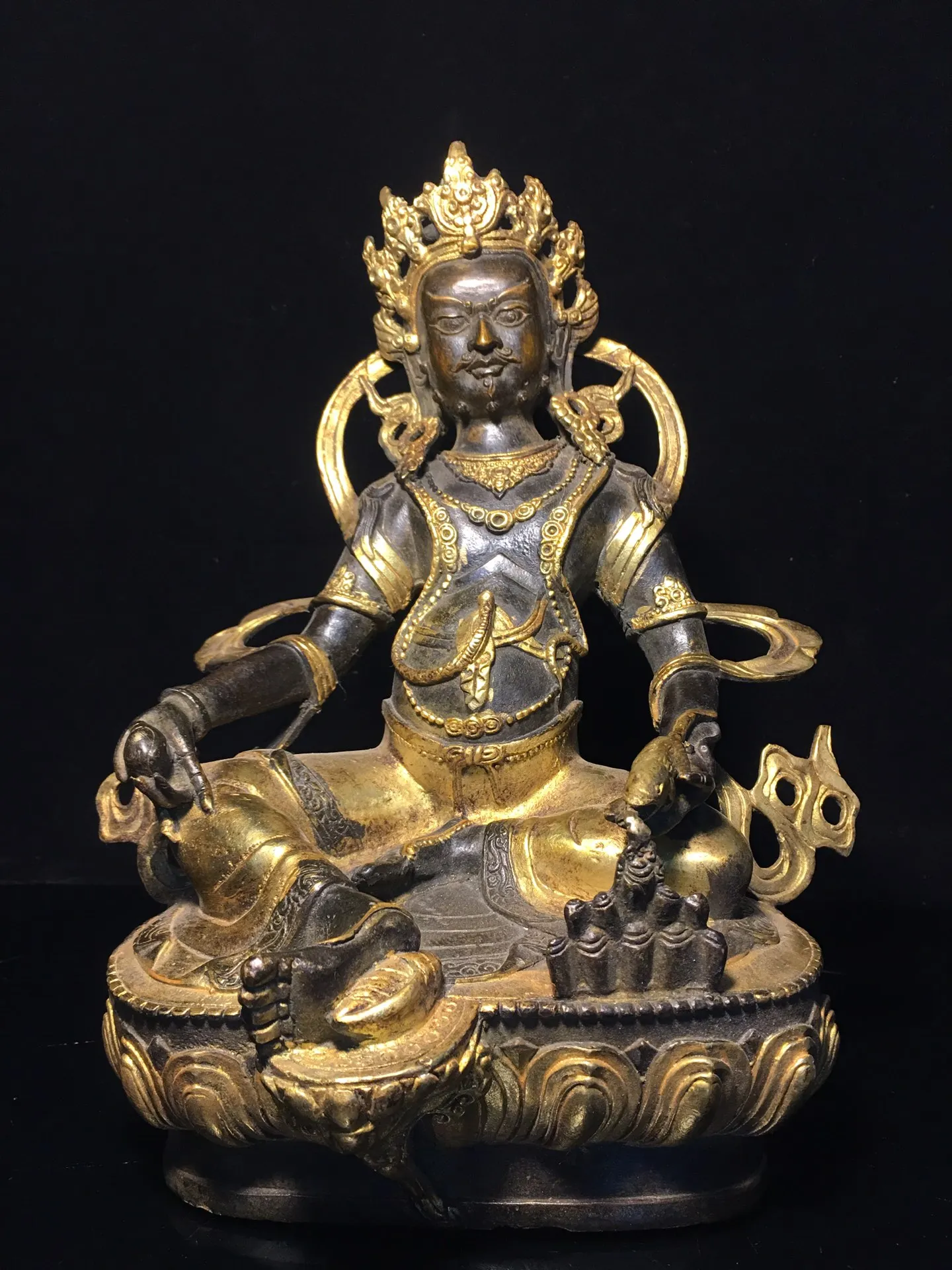 

11" Tibetan Temple Collection Old Bronze Gilt Huang Caishen Yellow God of Wealth Buddha lotus platform Sitting Buddha ornament