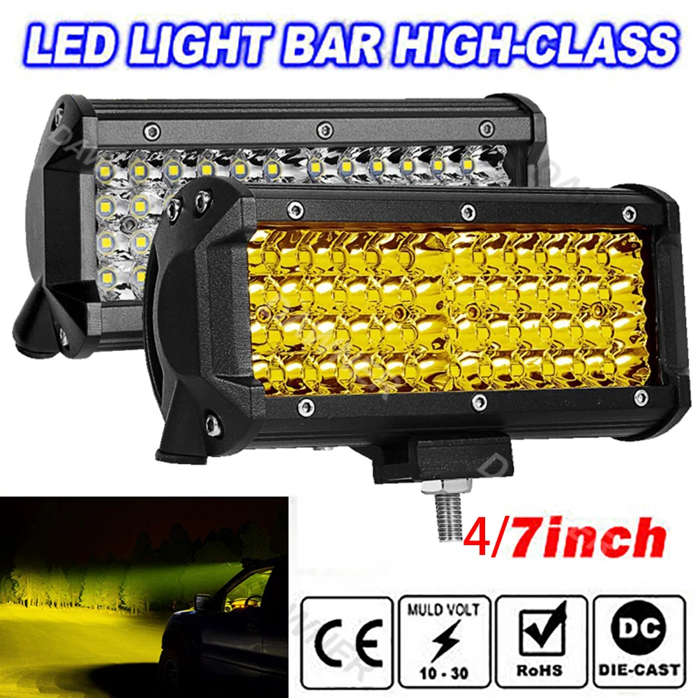 

Yellow Light 4"7" 144W Combo Led Light Bars Spot Flood Beam for Driving Offroad Boat Car