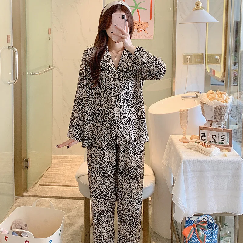 Women's Pajama Long Sleeves Spring Sleepwear Student Silk Leopard Print Sweet  Pajamas Set