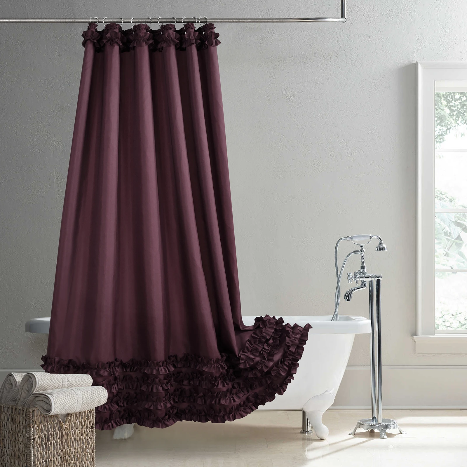 

Ruffled Brown Modern Polyester Waterproof Fabric Solid Decoratived Farmhouse Chocolate Shower Curtain