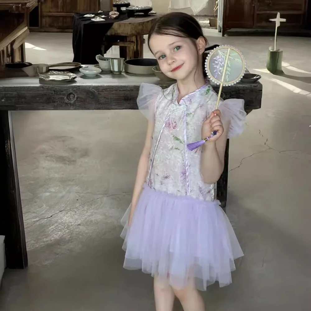 Платье для девочек Новинка лета 2024 китайское газовое платье без рукавов с