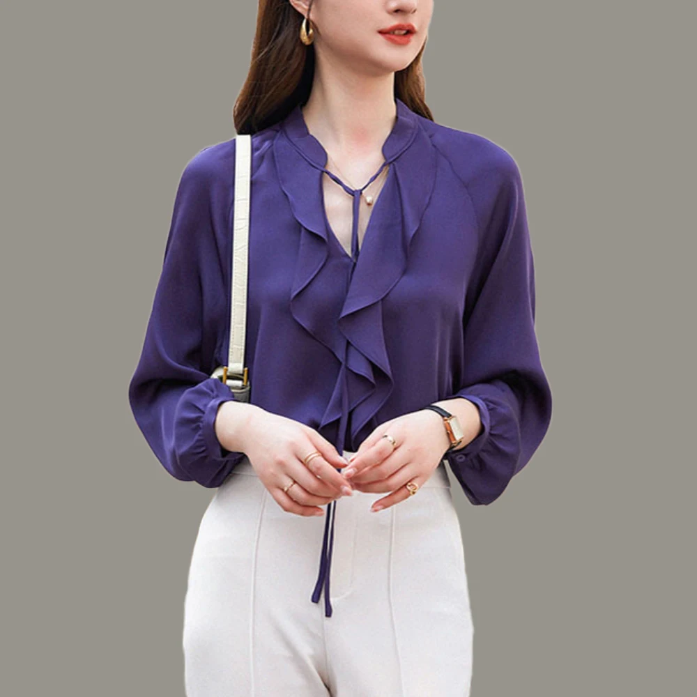 

Fashion Ruffles Women Shirt Sexy V Neck Long Sleeves Ladies Pullover Streetwear Casual Solid Color Female Blouses Casual Tops