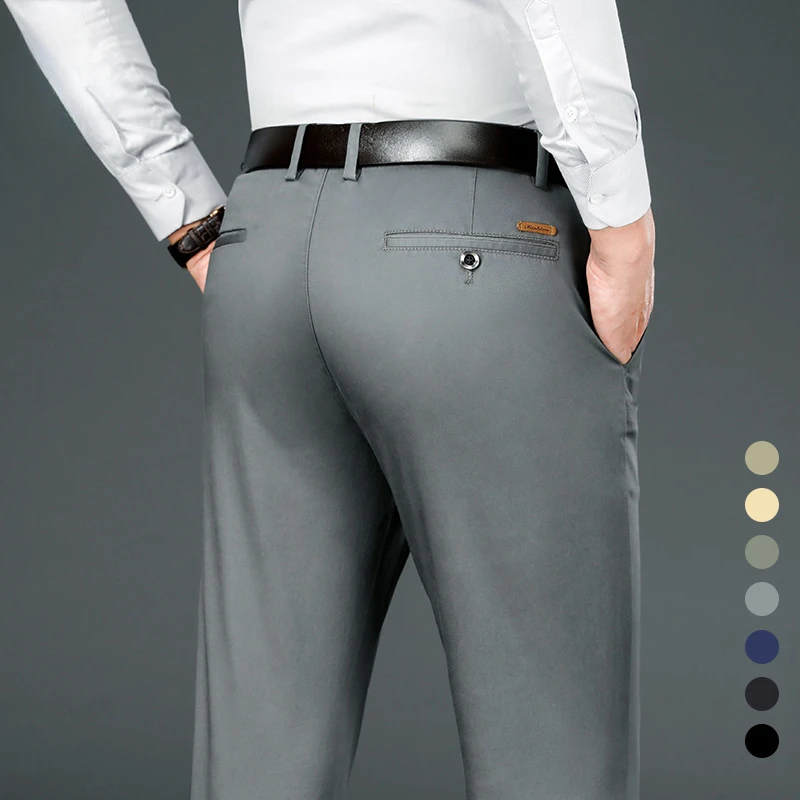 

Brand Clothing Men's Straight-fit Suit Pants Men Spring Summer Business Stretch Grey Khaki Black Thin Trousers Male Size 40 42