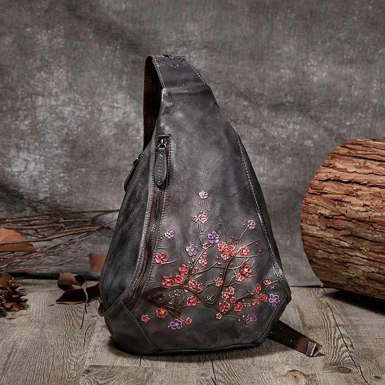 

Genuine Leather Women's Chest Bag Vintage Hand-Rub Color Three-Purpose Shoulder Backpack Embossed Flowers Chest Bags