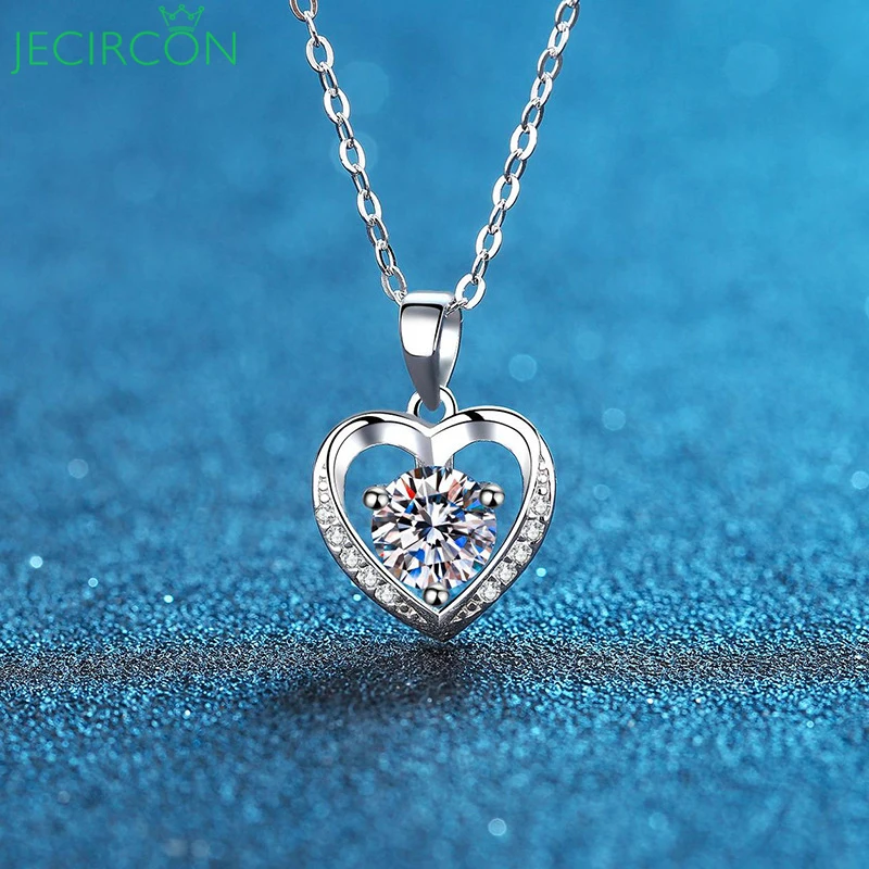 

JECIRCON 925 Sterling Silver Moissanite Necklace for Women 1 Carat Eternal Heart Pendant Neck Chain Fashion Wedding Jewelry Gift