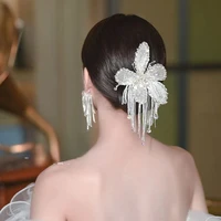new lace crystal sequin flower tassel hairpin earrings sets bridal headdress wedding hair accessories