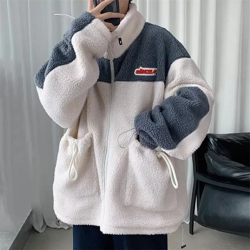 

2022New Coats Men Fashion Warm Polar Fleece Thicken Outerwear 2021 Loose Wild Stand Collar Lamb Wool Coats Plus Size Men Clothin