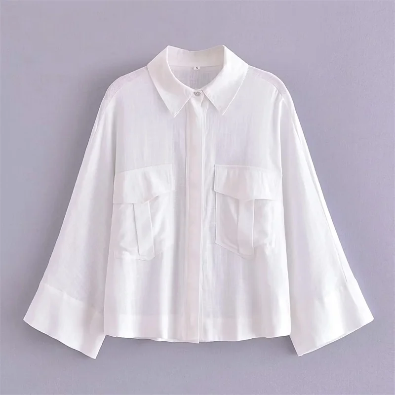 

TRAF White Pocket Shirt For Woman 2023 Summer Commuting Style Casual Lapel Collar Front Hidden Button Closure Long Sleeves Shirt