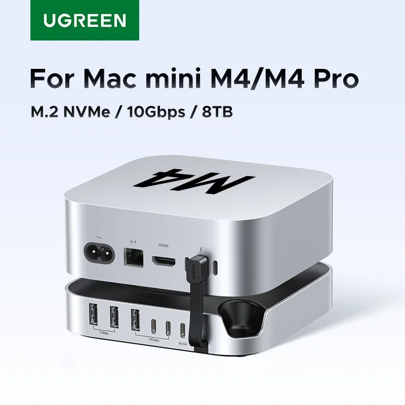 Фото Док-станция UGREEN USB HUB с SSD до 8 ТБ, порты USB-A и USB-C до 10 Гбит/с, SD и TF до 170 МБ/с, USB-разветвитель для Mac Mini M4 M4 Pro M.2 NVMe №2