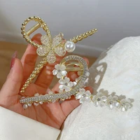large gold metal hair claws clips for women pearl flower clamps rhinestone claw clip pins girls headwear korean hair accessories