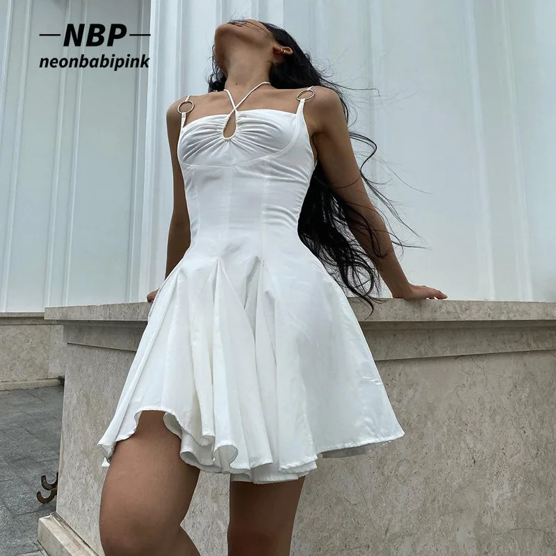 

Мини-платье NEONBABIPINK с лямкой на шее и открытой спиной, милая пикантная летняя одежда для женщин, белое платье 2022, милая Женская юбка