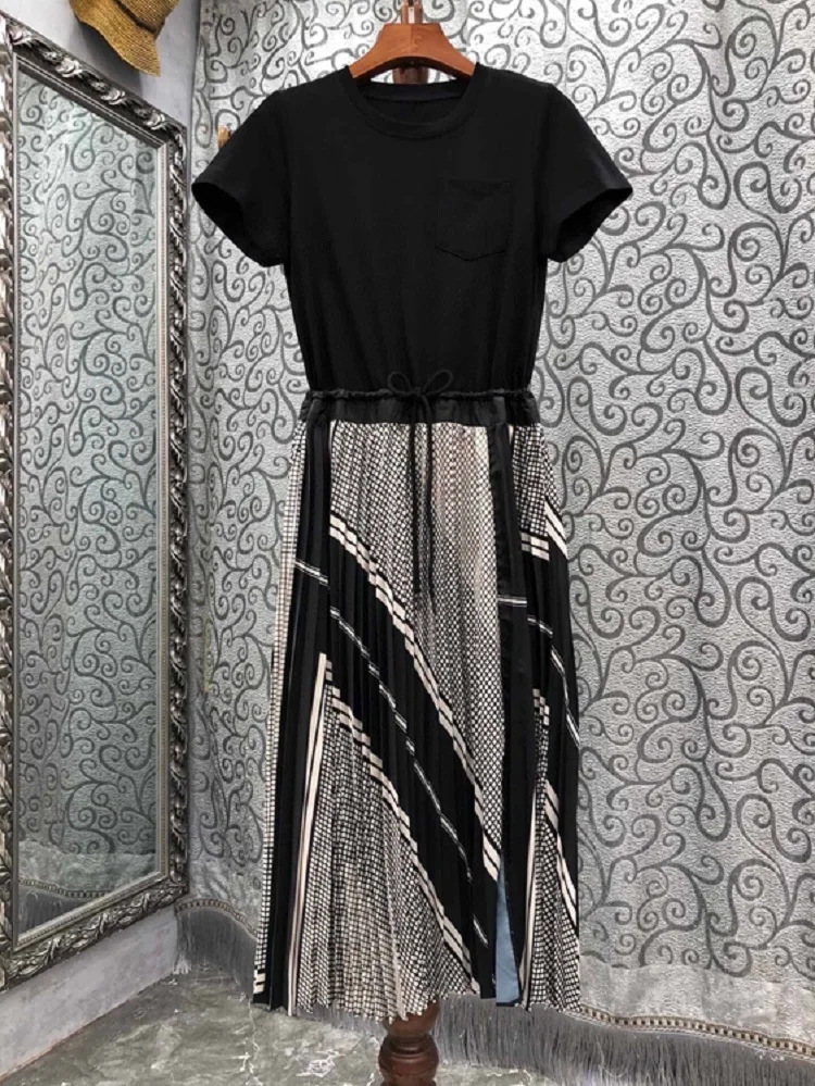 

New 2022 Summer Dress High Quality Women Geometric Prints Patchwork Drawstring Waist Short Sleeve Mid-Calf Casual Dress Cotton