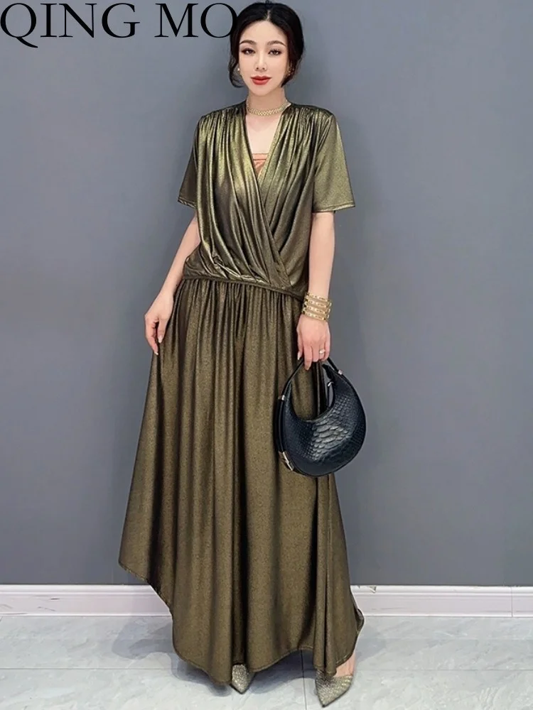 

QING MO 2023 Summer New Korean Fashion Bright V-Neck Top + Casual Skirt Two Piece Set Women Deep Green Matching Set ZXF2811
