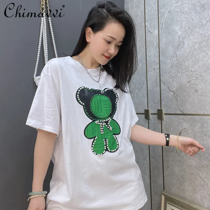 

2022 Summer New Casual Short-Sleeved Top European Style Heavy Beads Little Green Bear Pearl Round Neck White T-shirt Women