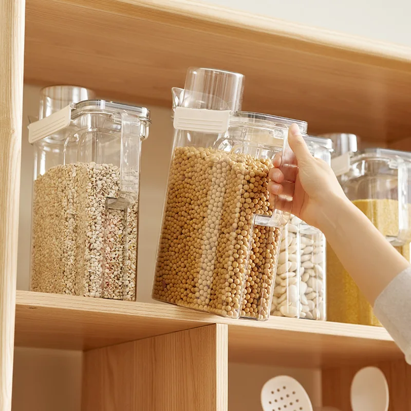 

Plastic Cereals Dispenser Kitchen Food Storage Container Storage Box Jars Dried Grains Refrigerator Tank with Holder Handle