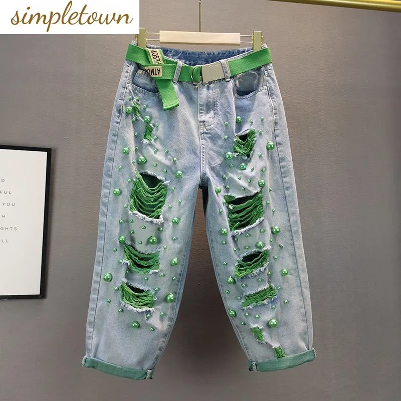 2023 Spring/Summer European-American Style New Thin Colored Perforated Beads High Waist Loose Size Denim Harlan Pants for Women