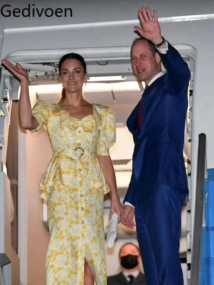 

Gedivoen High Quality Summer Women Fashion Designer Pencil Dress Princess Kate With Belt Lantern Sleeve Ruffles Hem Midi Dresses