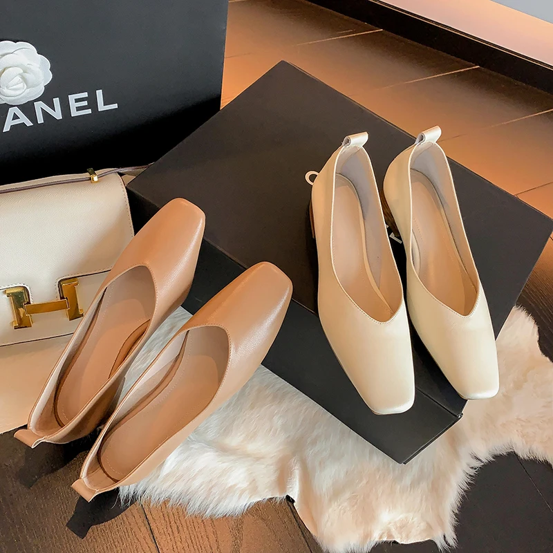 34-40 large size simple women's shoes cow leather square head low heel thick heel cow tendon sole women's shoes