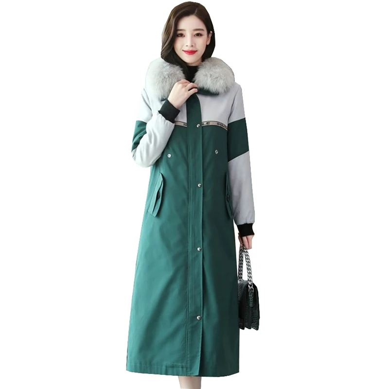 

2022 New Winter Parka Women Cotton Jacket Removable Liner Add Velvet Thicken X-Long Coat Fur Collar Outerwear Overcoat KW223