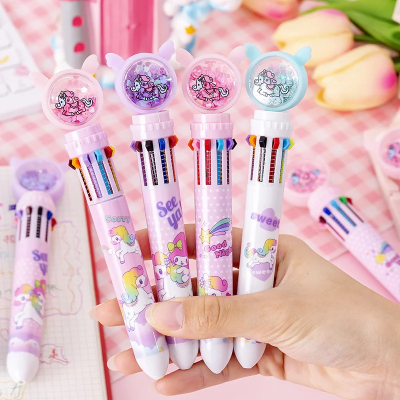 

24 pcs/lot Creative Unicorn 10 Colors Ballpoint Pen Cute Sequins Press Ball Pens School Office writing Supplies Stationery Gift