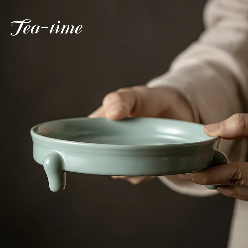 

Retro Azure Porcelain Pot Bearing Support Ru Kiln Three-legged Dry Brewing Plate Ceramic Tea Tray Kung Fu Tea Sanck Fruit Plate