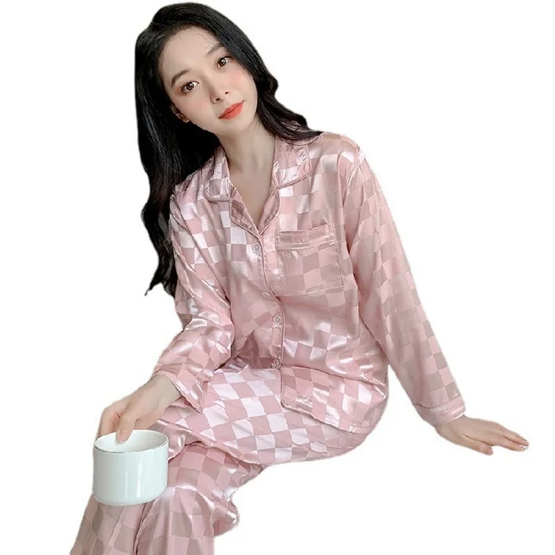 Plaid Pajamas Ladies Summer 2023 New Large Size Spring and Autumn Long Sleeve Thin Ice Silk Homewear Set