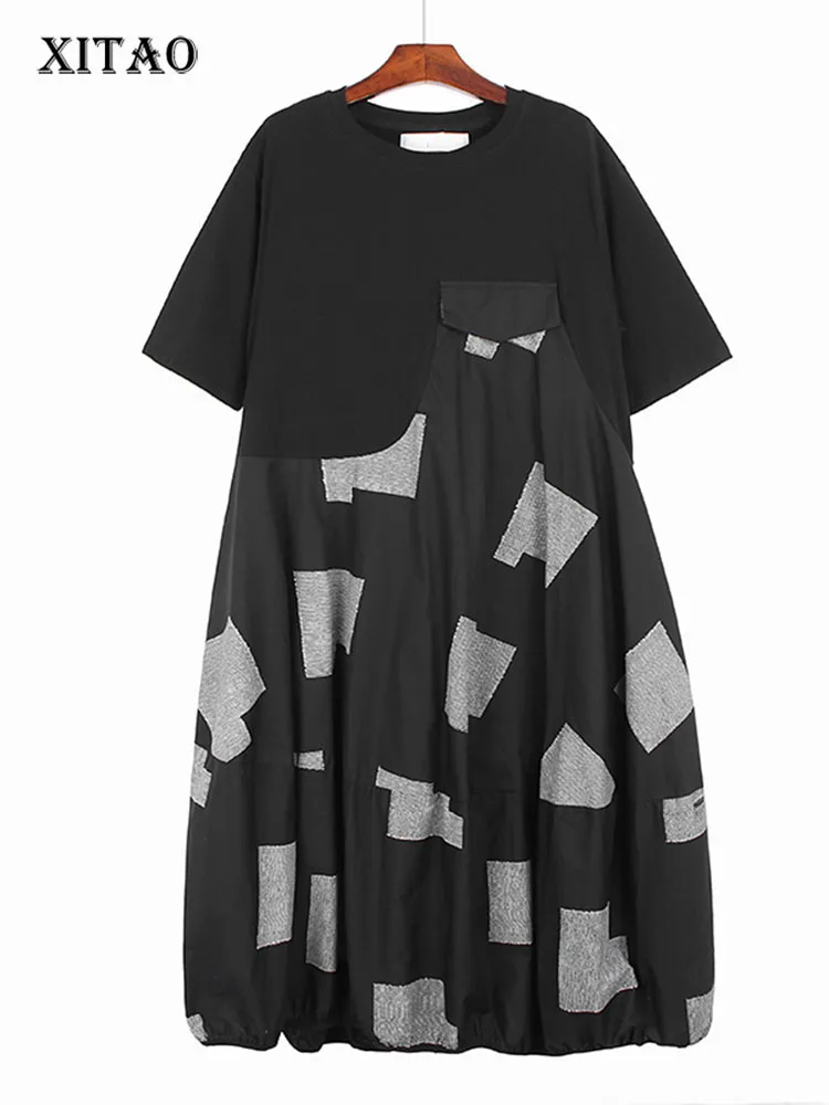 

XITAO Платье с принтом, пуловер с карманом, богиня, веер, лоскутное, маленькое, свежее, половина рукава, 2022, элегантное платье, WMD7049