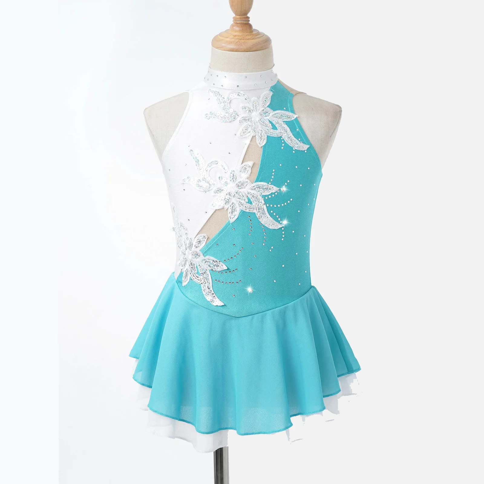Kids Girls Ice Skating Clothes Sequins Floral Ballet Gymnastics Leotard Figure Skating Dress for Dance Competition Stage Costume