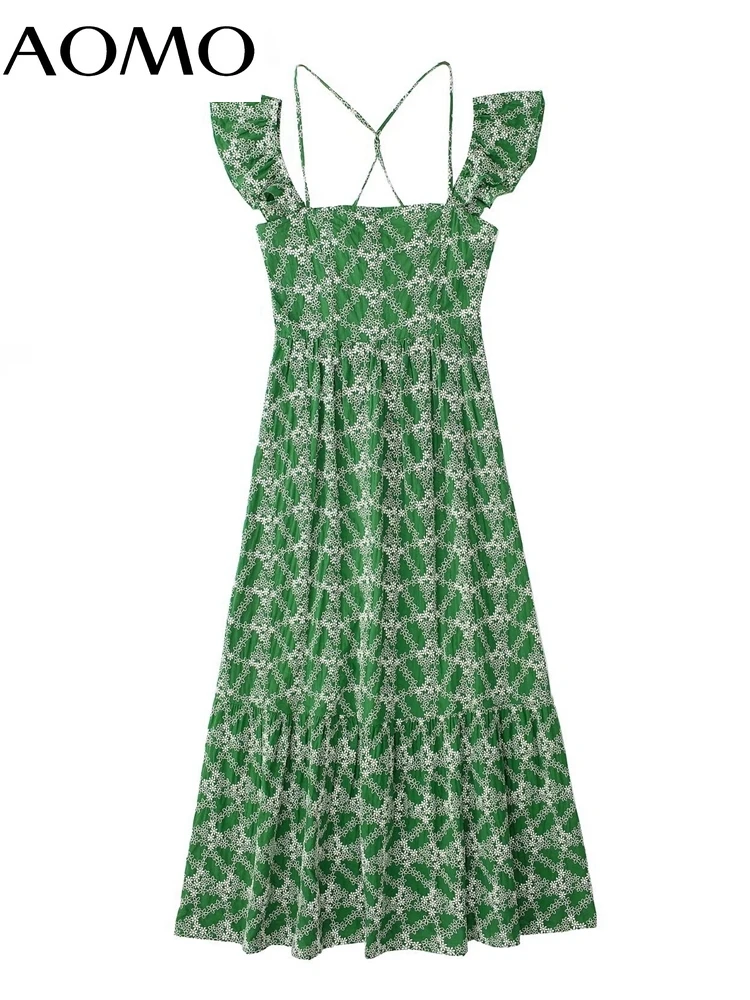 

AOMO 2022 Fashion Women Green Emboridery Cotton Dress Ruffles Backless Ruffles Sleeve Ladies Long Dress 3H510A