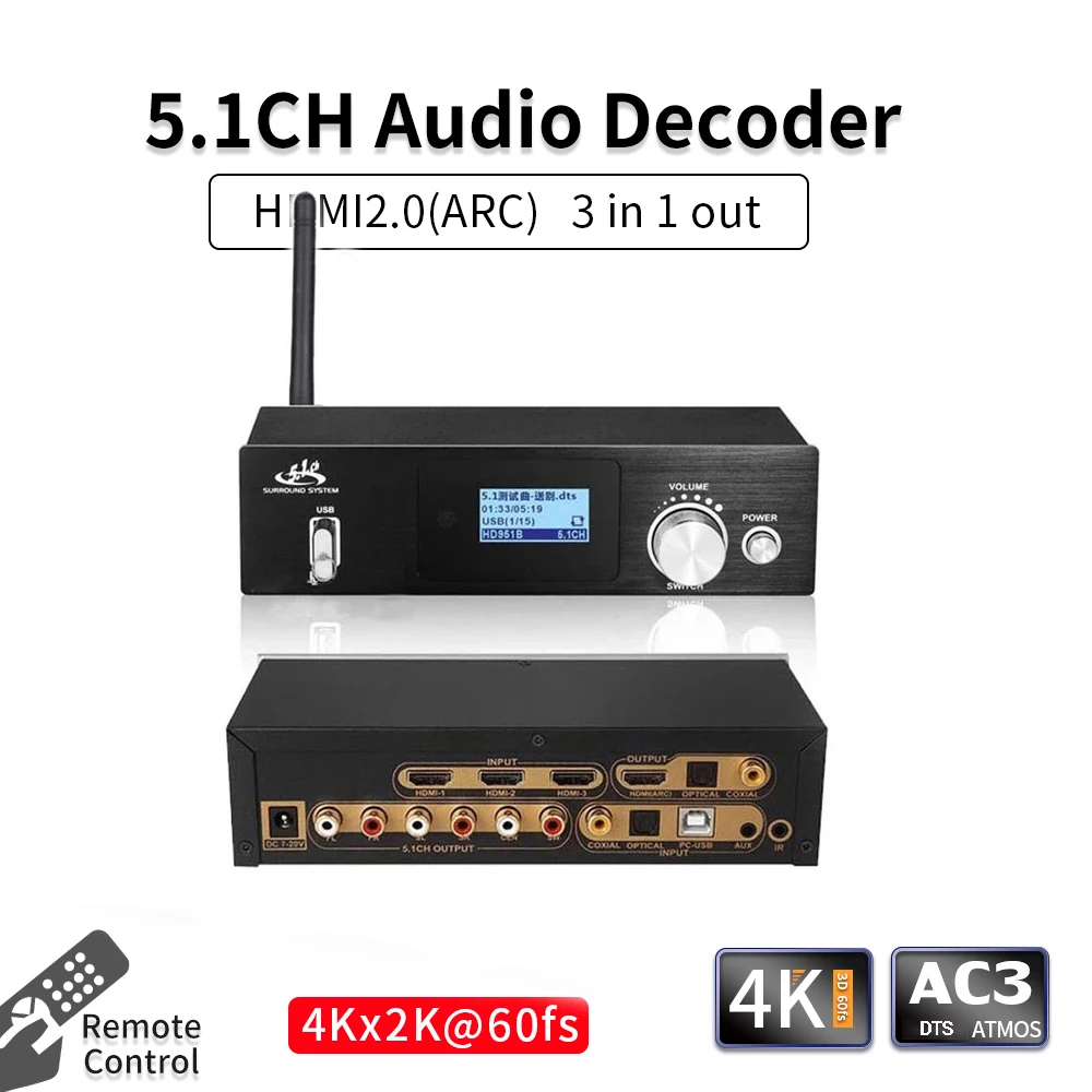 

Top 5.1CH Audio Decoder Bluetooth 5.0 Reciever DAC DTS AC3 4K HDMI-compatible Converter ARC PCUSB DAC Bluetooth DAC Audio