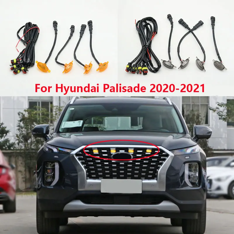 

For Hyundai Palisade 2020 2021 LED Car Front Grille Amber Light Raptor Style Lamp Kit 4PCS/Set