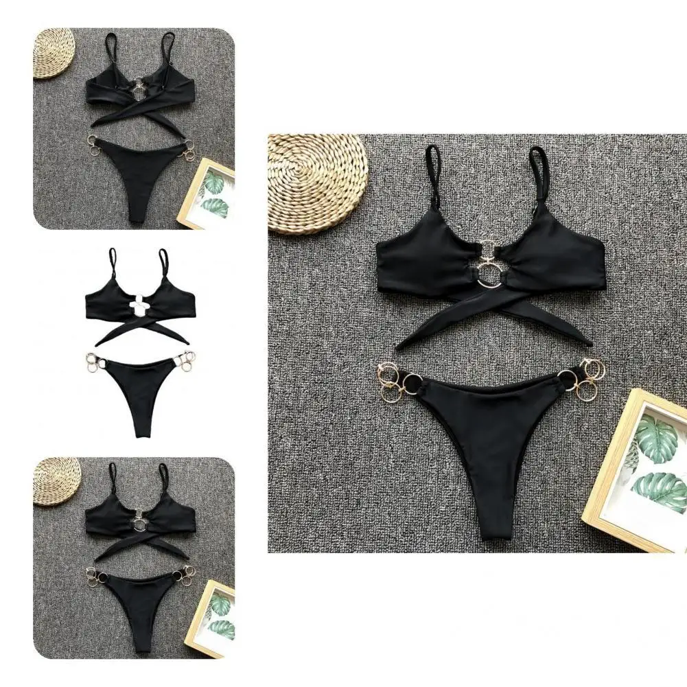 

Soft Popular Hollow Out Bra Mid Waist Panties Swimwear Breathable Summer Bikini Wireless for Vacation