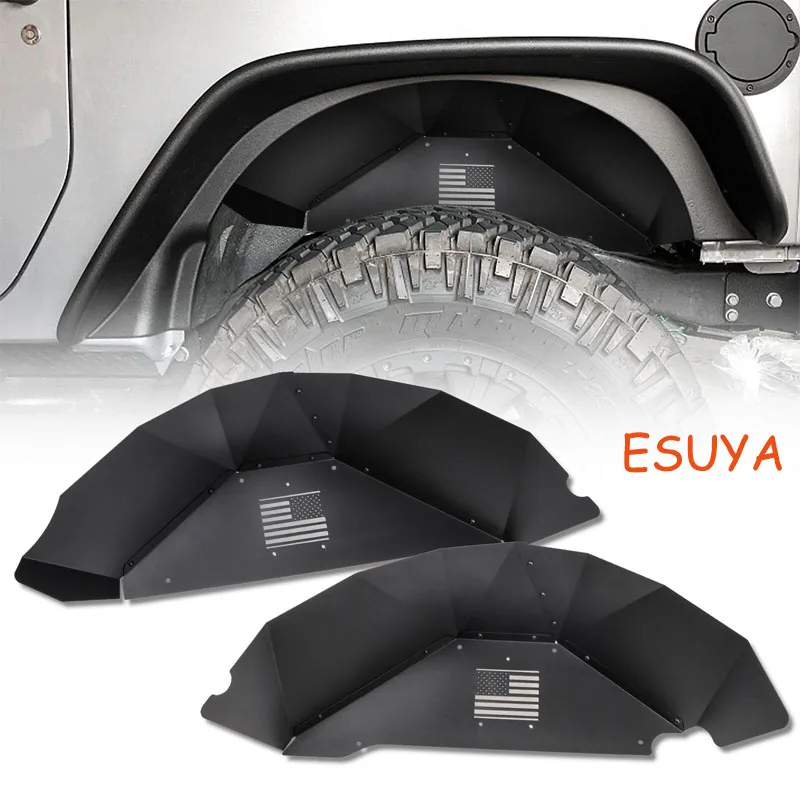 

ESUYA Aluminum Rear Fender Liner for 2007-2018 Jeep Wrangler JK JKU 4WD American Flag Logo Lightweight Design Black Splashguard