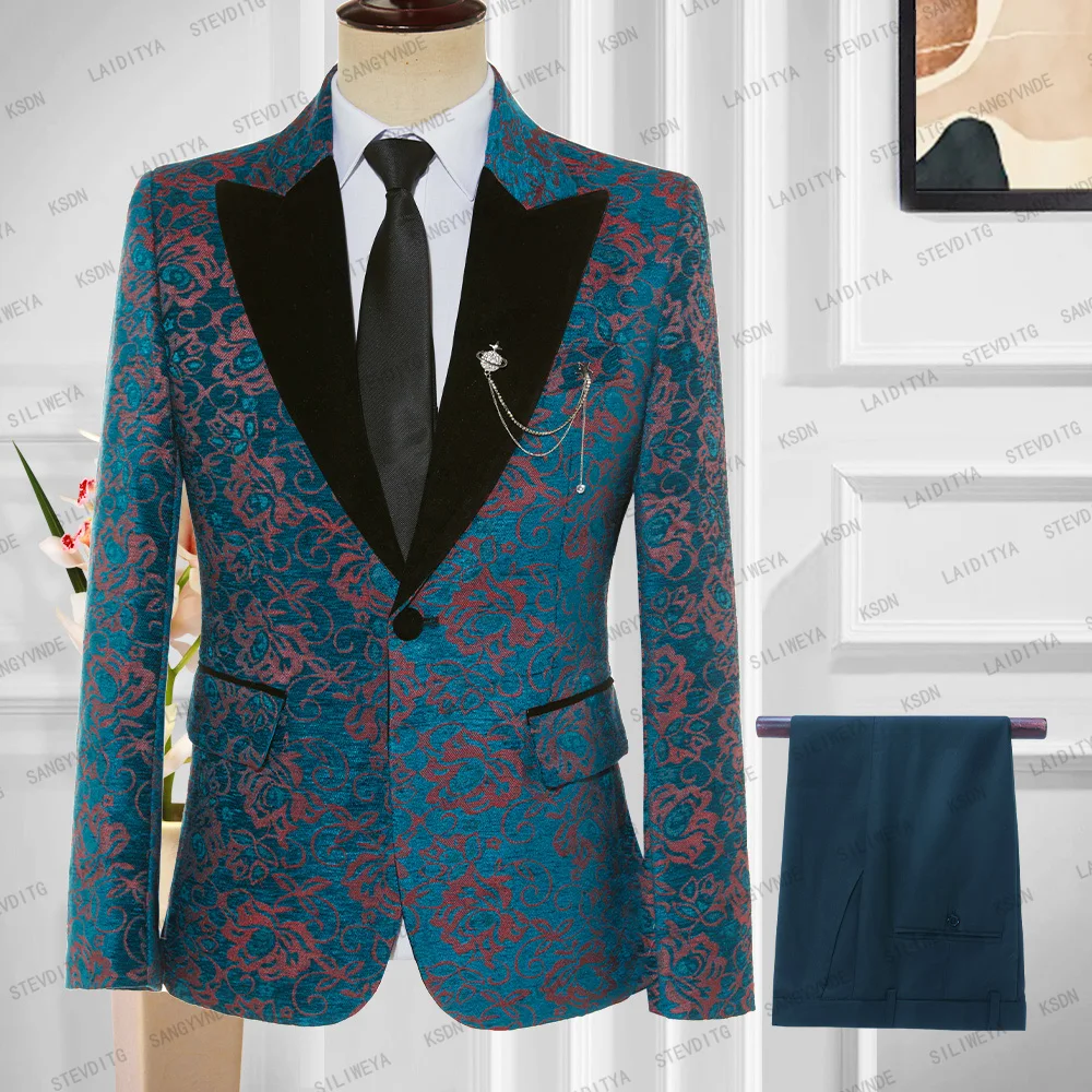 

Новинка 2023, итальянский деловой костюм для мужчин, облегающий костюм из 2 предметов, синий, красный, жаккардовый, черный, бархатный, с лацканами, мужские костюмы, смокинг для жениха, свадьба