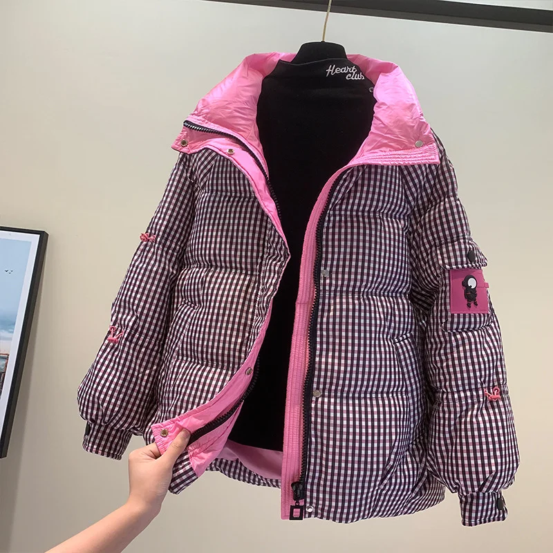 2022 Kotak-kotak Musim Dingin Wanita Parka Berlapis Katun Tebal Mode Bertudung Longgar Longgar Gratis Cuci Jaket Puffer Wanita