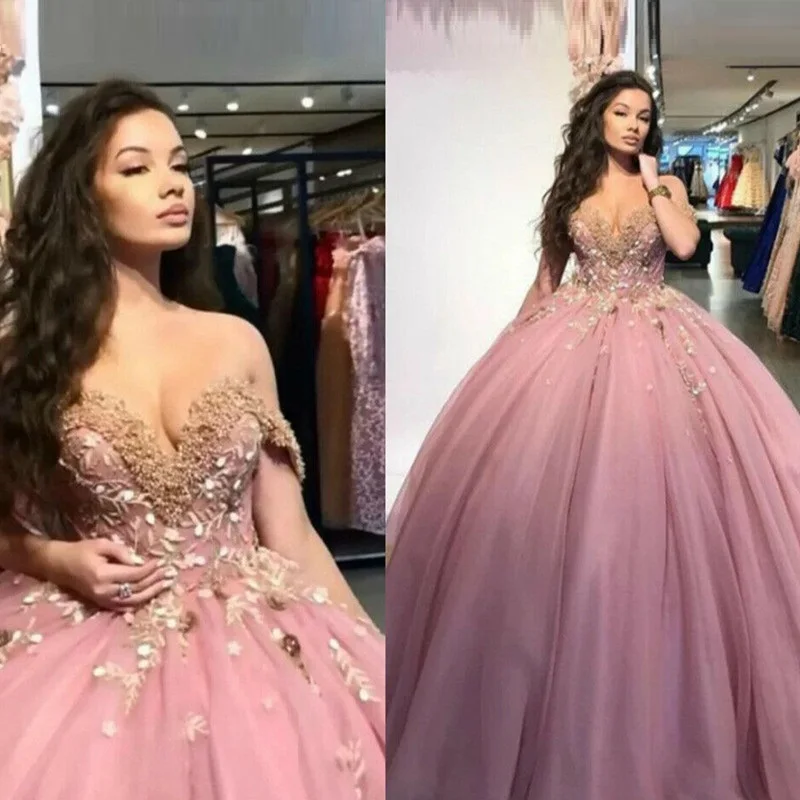 

Princess Dusty Pink Ball Gown Quinceanera Dresses Off Shoulder Tulle Sweet 16