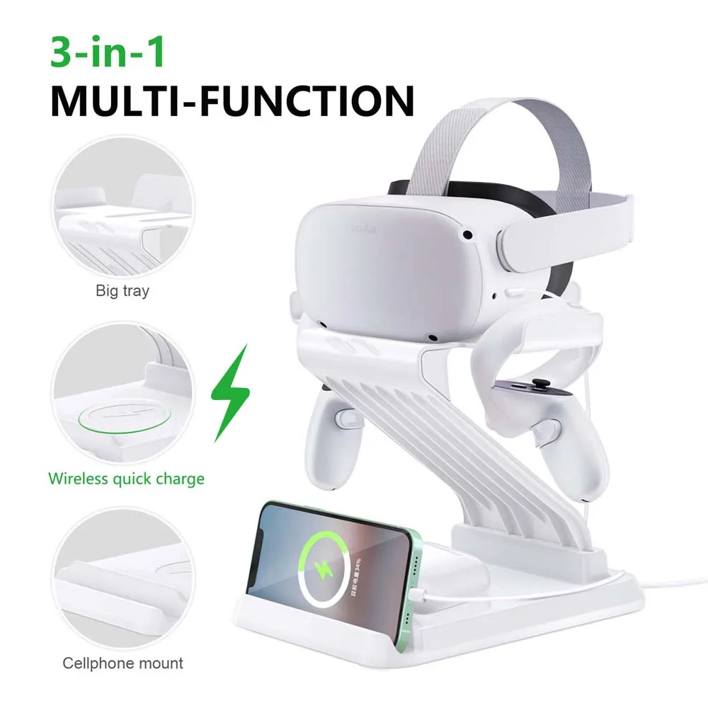 

for Oculus Quest 2 Stand VR Stand Headset Holder with Wireless Charger Cellphone Controllers Holder Mount Station For HTC Vive