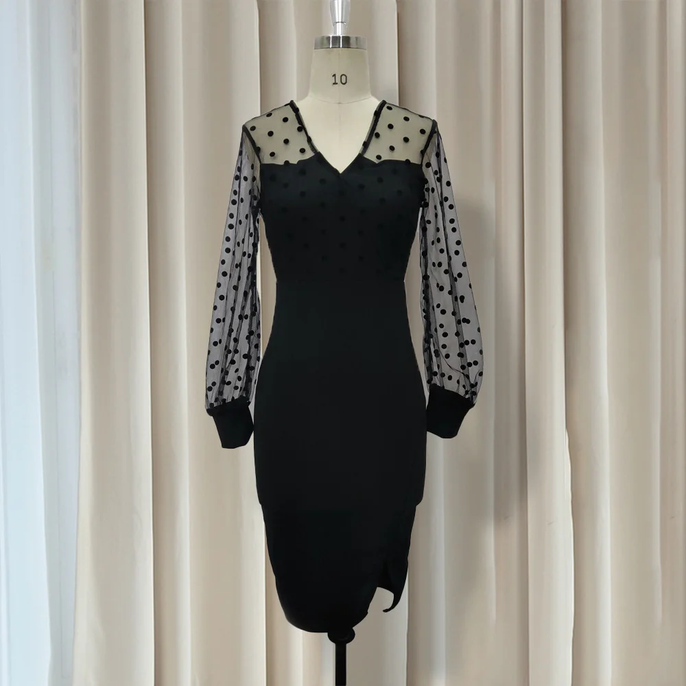 Plus Size Dress V-neck Round Neck Mesh Perspective Long Sleeve Slim Fit High Waist Large Women's Evening Dress Lianyiqun