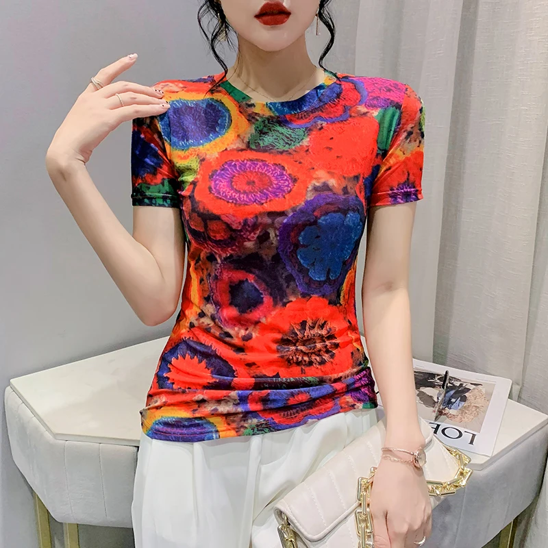 

Топ женский летний сетчатый с принтом и коротким рукавом, с круглым вырезом