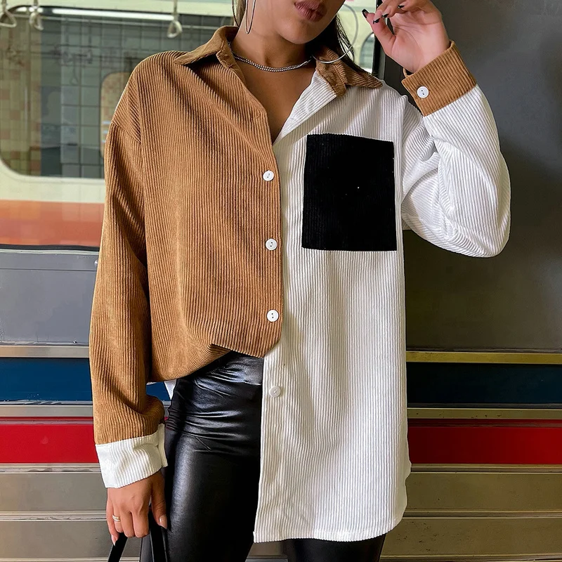 

Shimai Vintage Corduroy Two Tone Long Shirt with Pocket Women Street Casual Single-breasted Long-sleeve Outerwear Y2k 2023