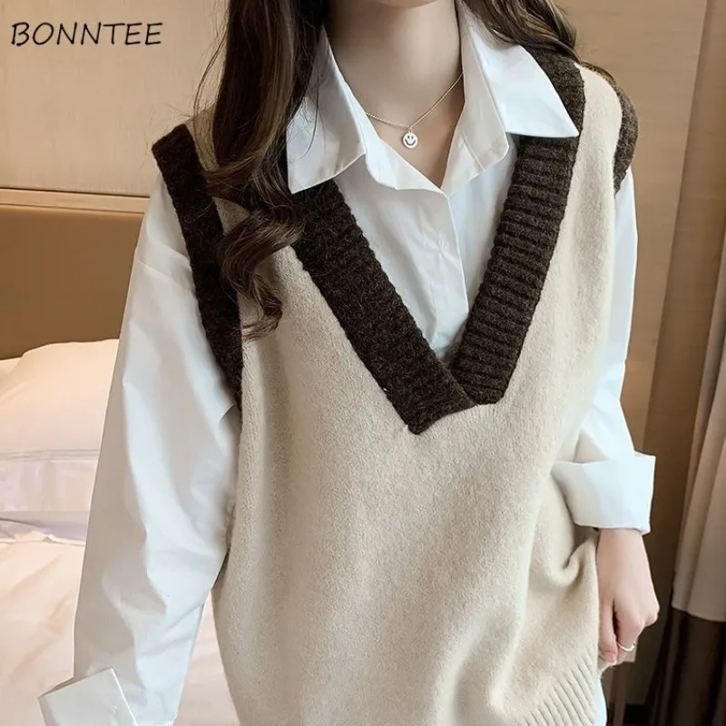 

Sweater Vest Women Fall Winter Vintage Knitted Vests Spliced Sleeveless Sweaters Korean Students Female Outwear Fashion 5XL New
