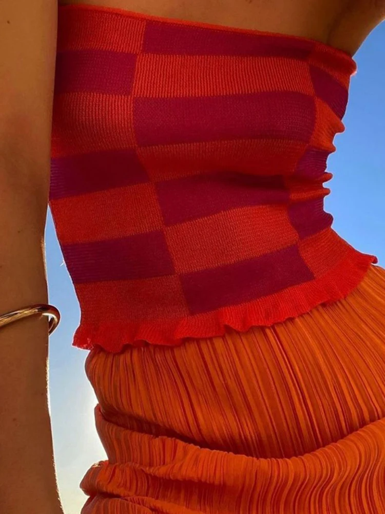 

Топ женский клетчатый без рукавов, пикантный облегающий топ в стиле Харадзюку, повседневная короткая майка, на лето