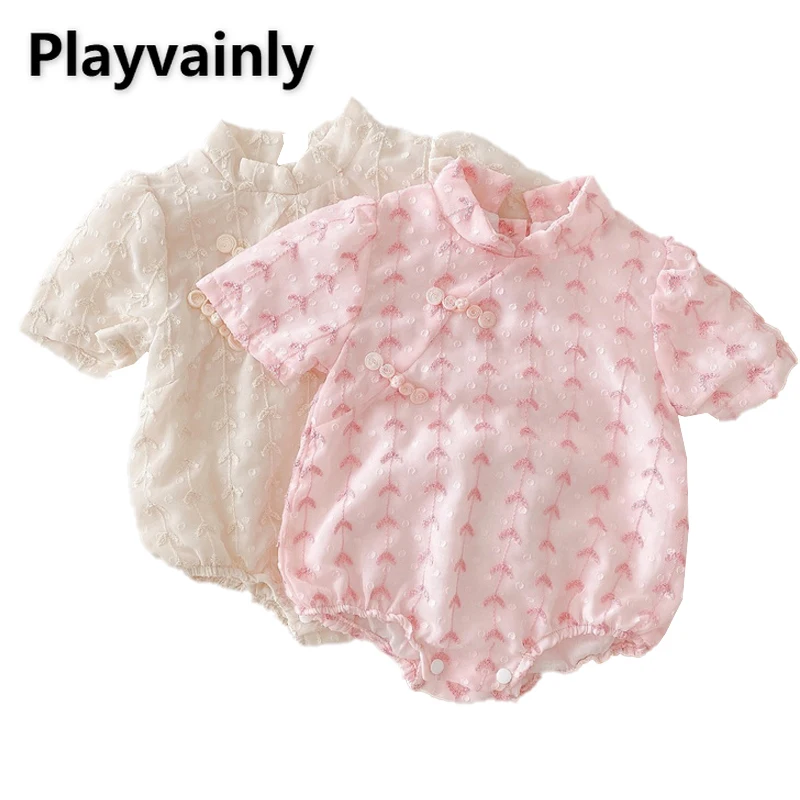 

2022 г., новый стиль Ципао, летнее боди для девочек, розовый, абрикосовый, с принтом, воротник-стойка, шифоновый комбинезон с короткими рукавами...